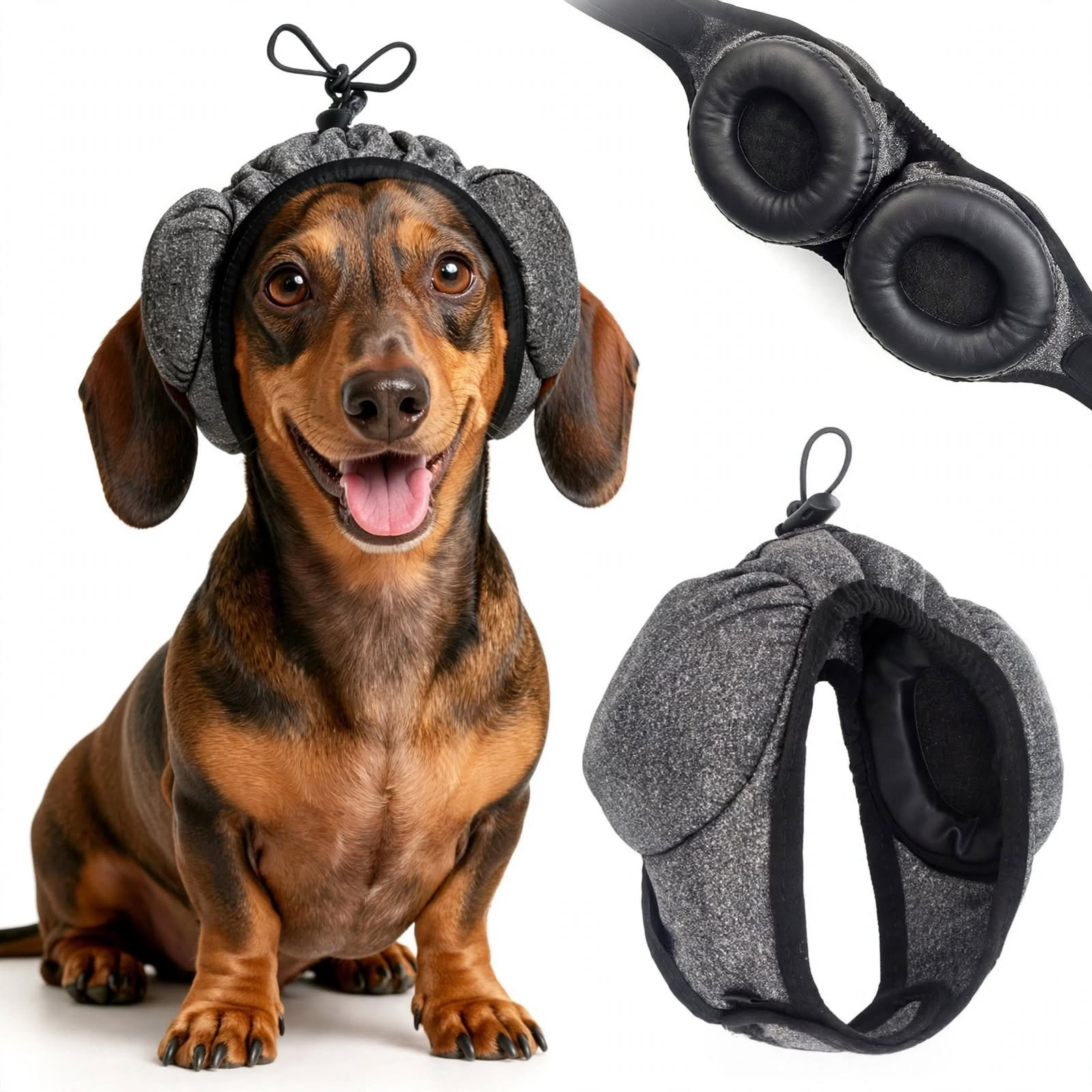 Happy dog wearing Calma noise-cancelling ear muffs