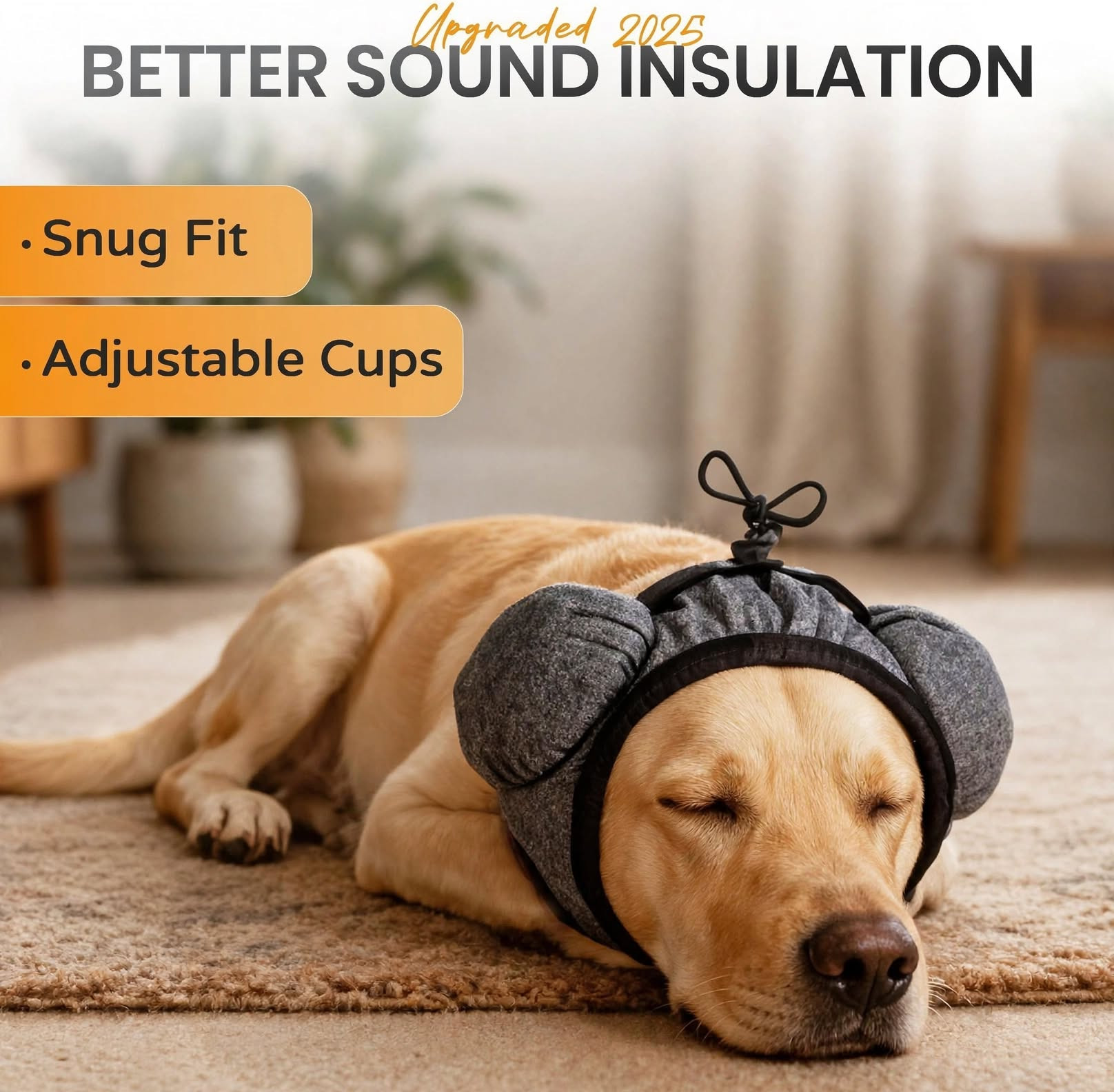 Dog sleeping peacefully wearing Calma ear muffs