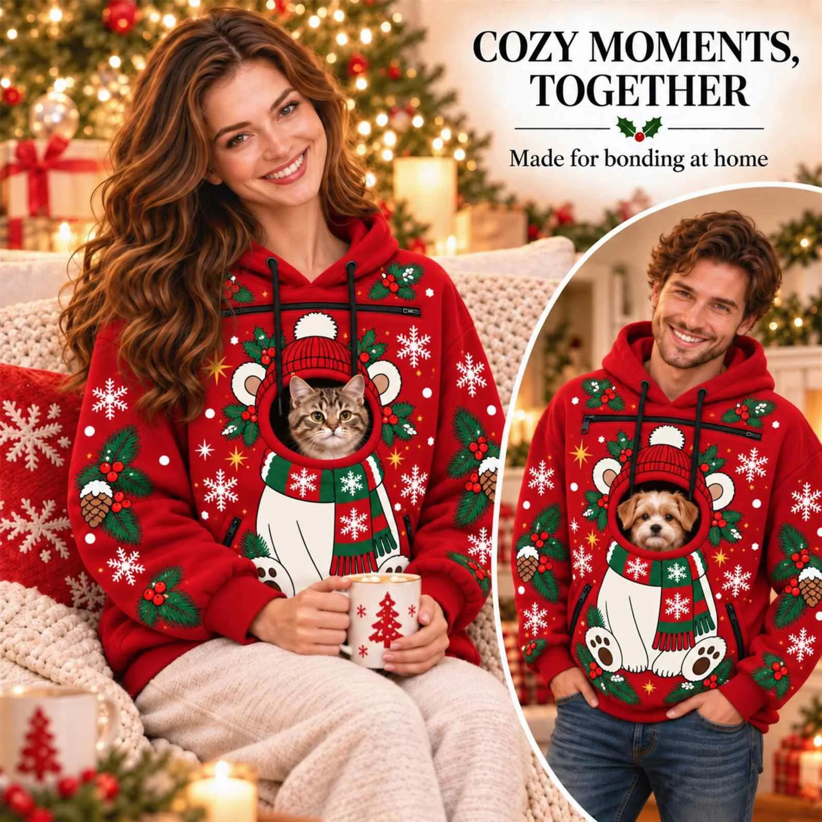 Red Christmas hoodie with polar bear 3D face-hole design