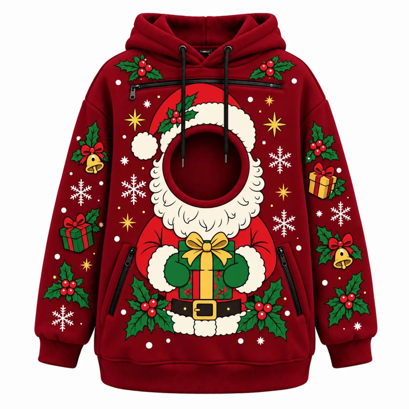 Santa Christmas face hoodie in dark red