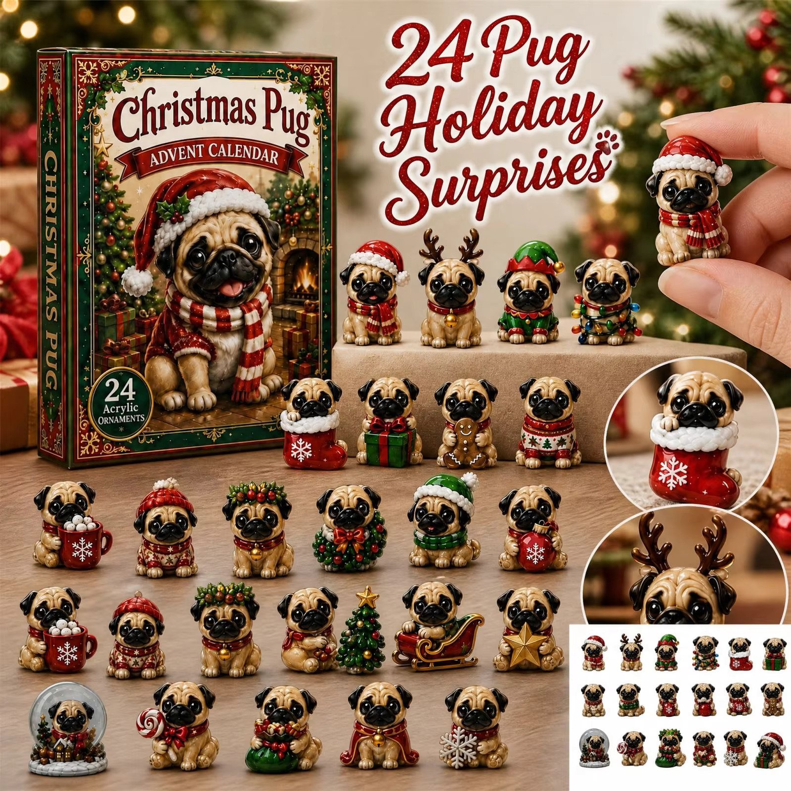 Woman displaying the Christmas Pug Advent Calendar and all 24 pug ornaments