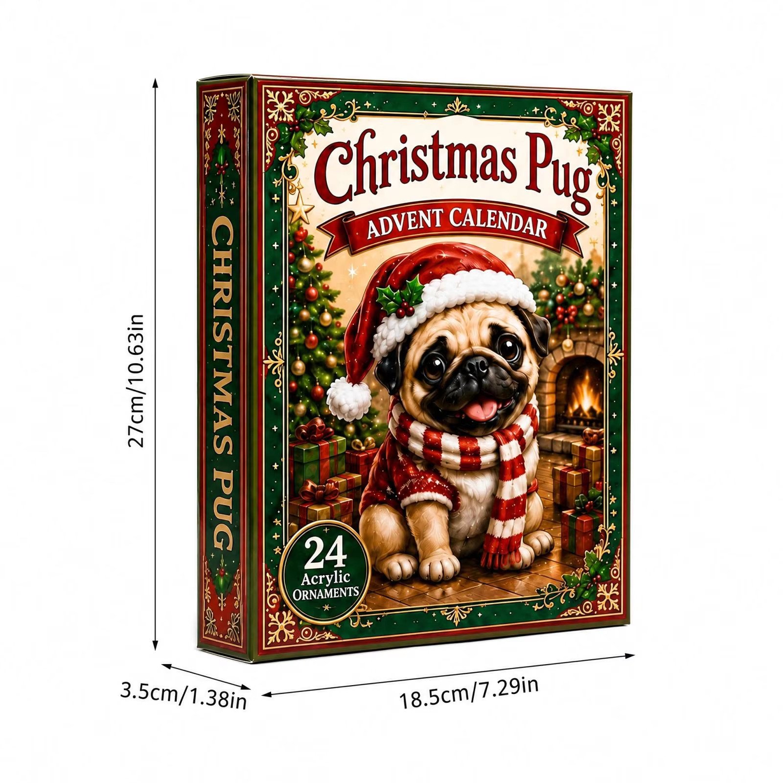 Christmas Pug Advent Calendar box, 27cm x 18.5cm x 3.5cm