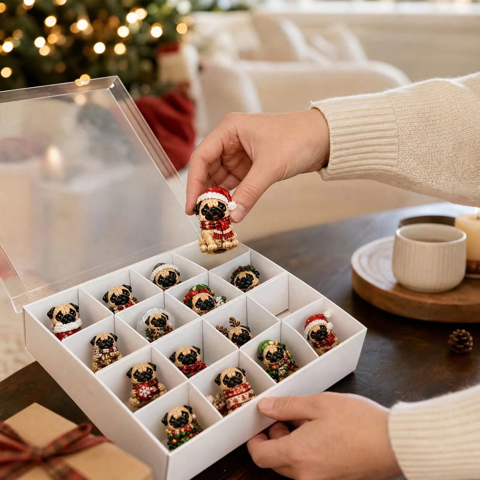 Pug ornaments in their tray compartments