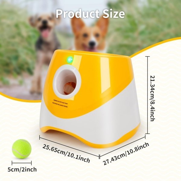Automatic ball launcher size &mdash; 25.65 x 27.43 x 21.34 cm with 2 inch balls