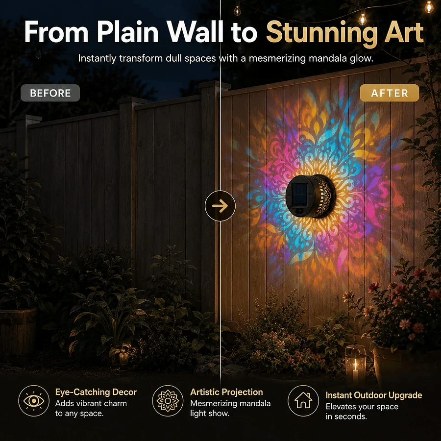 Solar mandala wall light glowing on outdoor wall