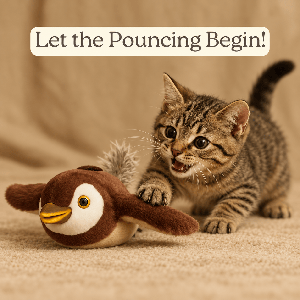Cat playing with flapping bird toy
