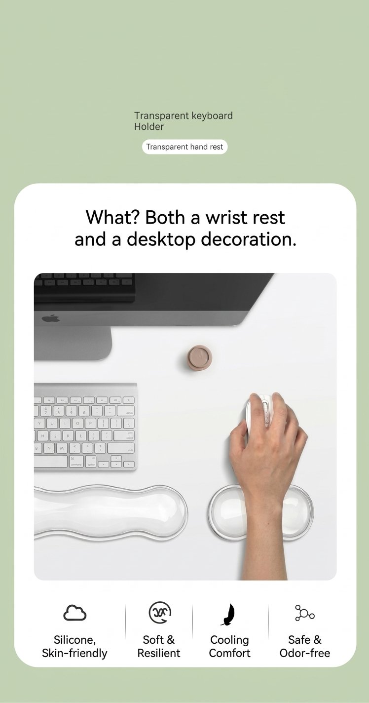Coordinated Comfort for Your Desk A soft silicone keyboard and mouse wrist rest set featuring a wave-shaped design and two convenient sizes for everyday computer use.