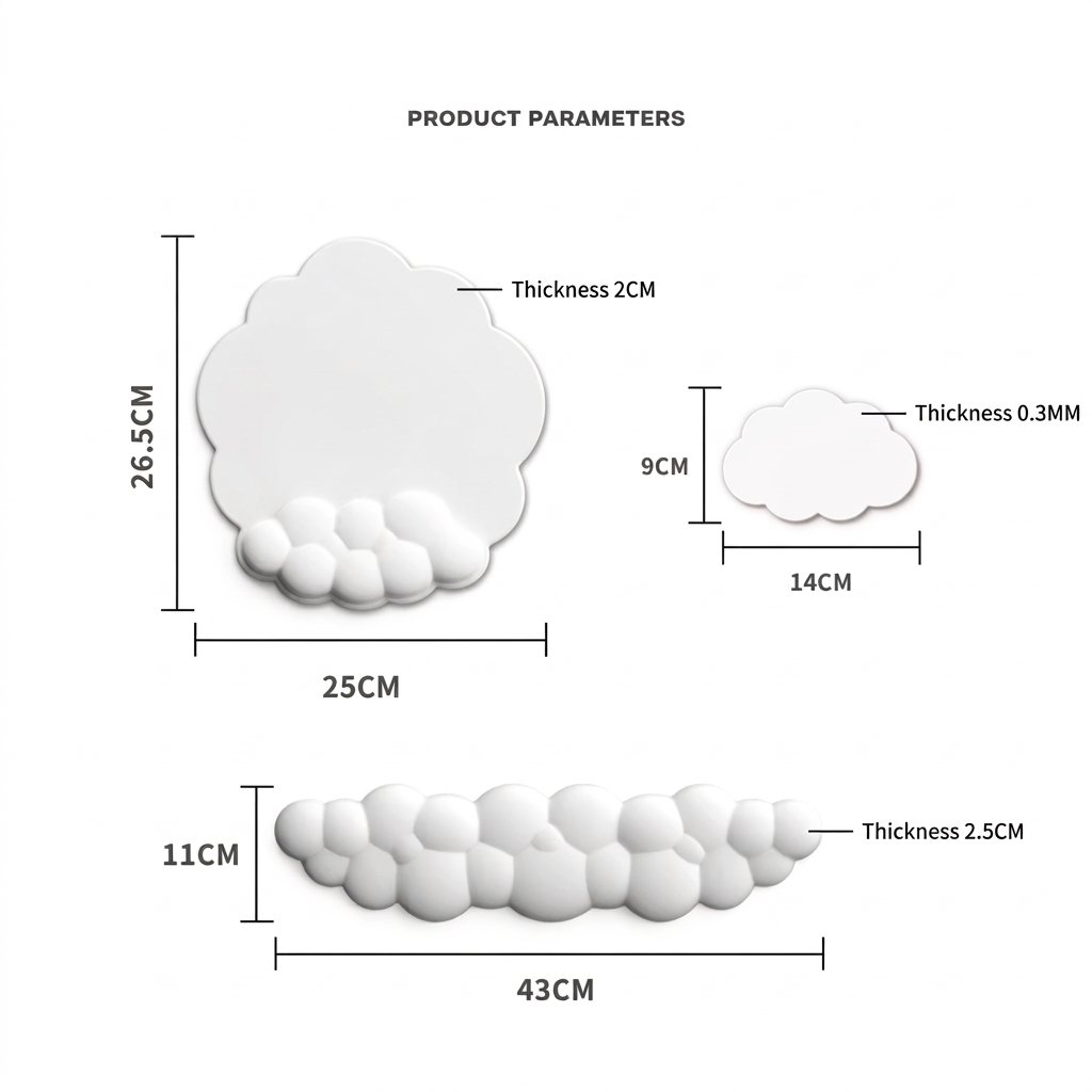 A Dreamy Touch for Your Desk A coordinated cloud-inspired keyboard and mouse wrist-rest set with a playful pink look for your home office, study space, or gaming desk.