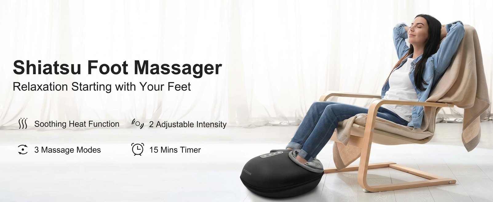 Make Time for Foot Relaxation An electric shiatsu foot massager featuring rolling and kneading massage, optional heat, adjustable air compression, and a convenient 15-minute timer.