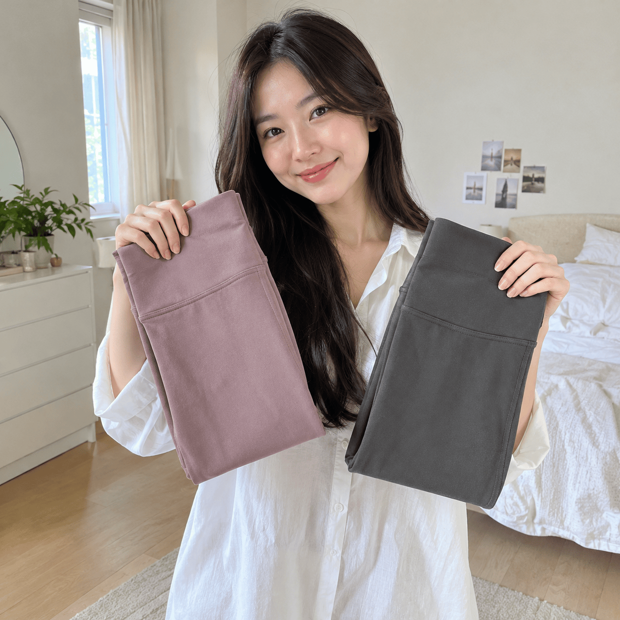 Woman holding folded leggings in mauve and charcoal