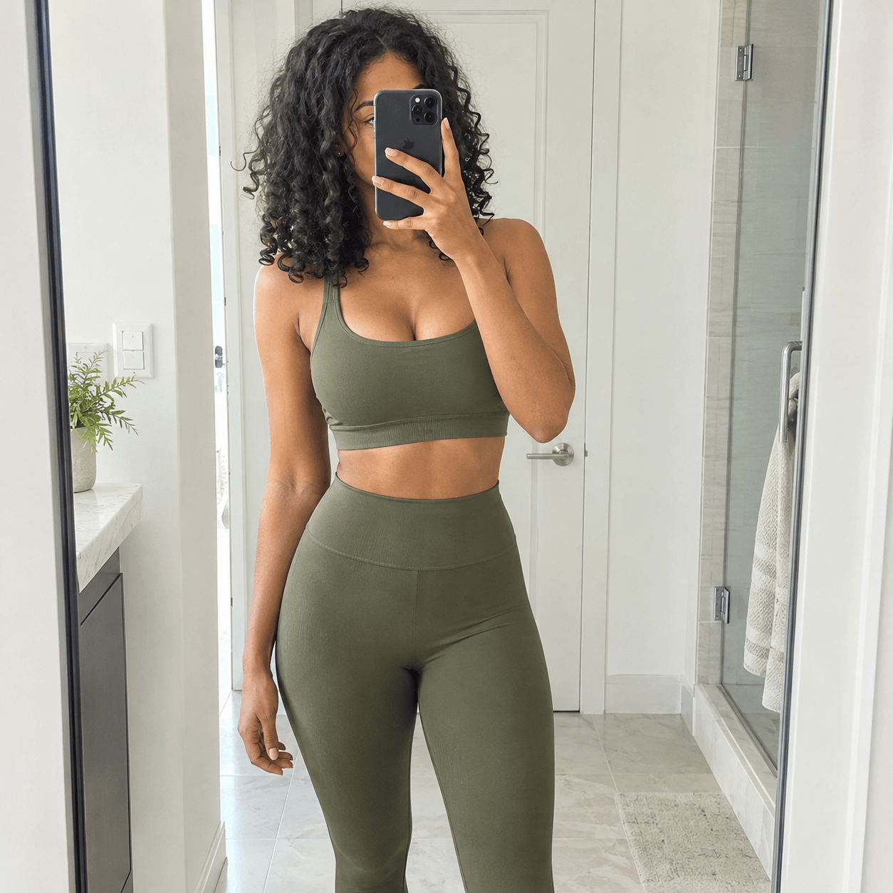 Woman in olive green seamless activewear set taking a mirror photo