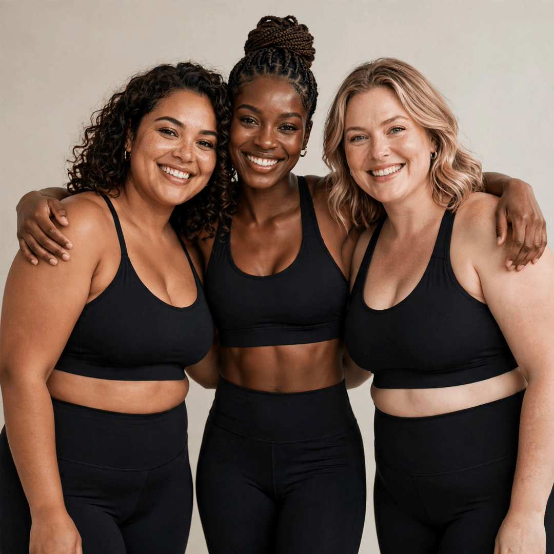 Three diverse women in black activewear laughing together – Stylaero community