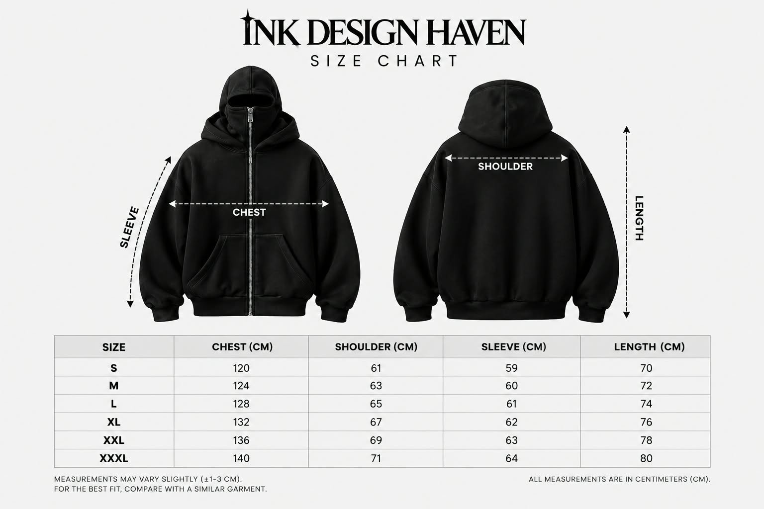 The Stealth Balaclava Full-Zip Hoodie Size Chart