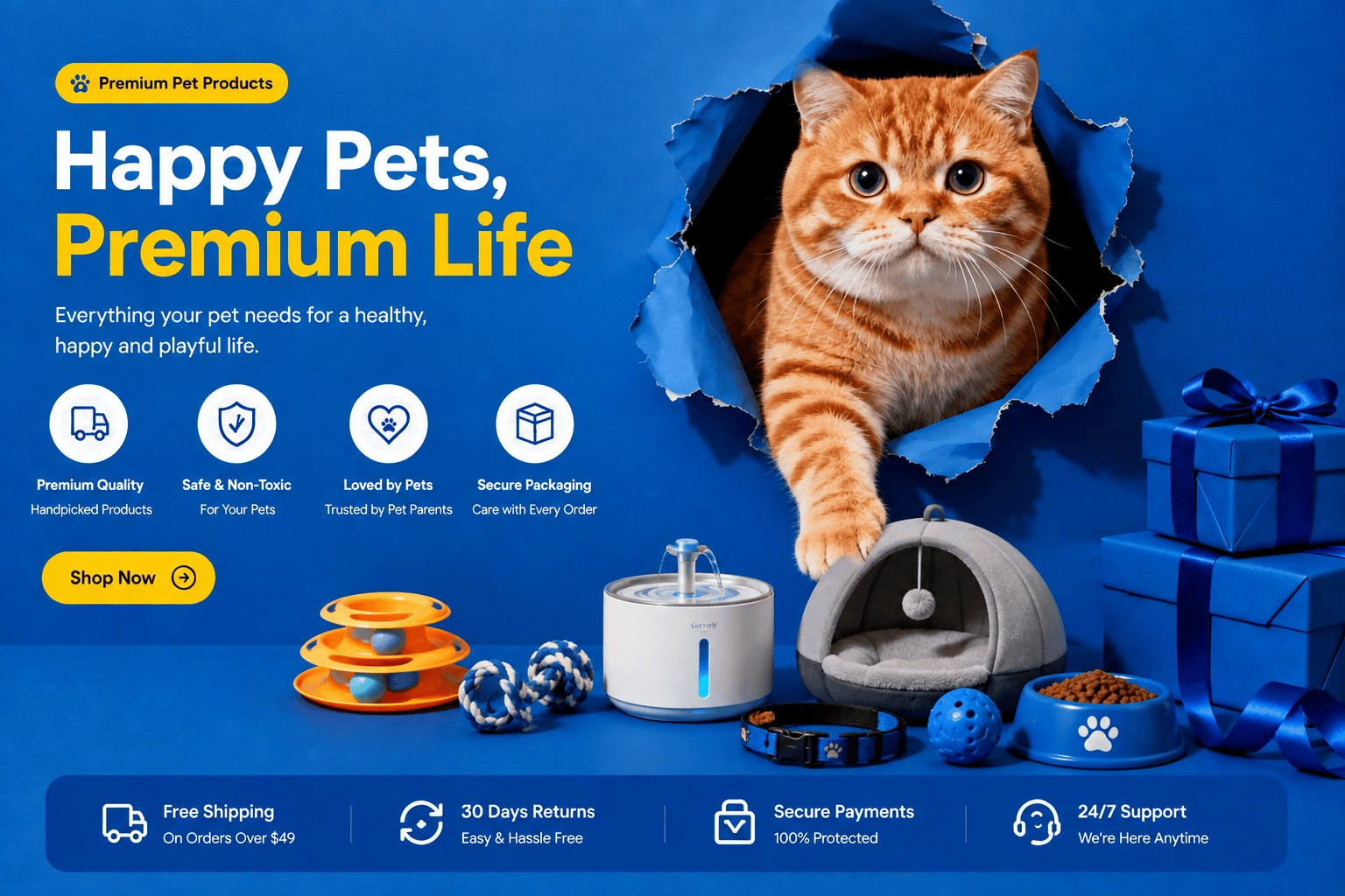 Premium pet products featuring a cat, pet toys, water fountain, pet bed and feeding accessories