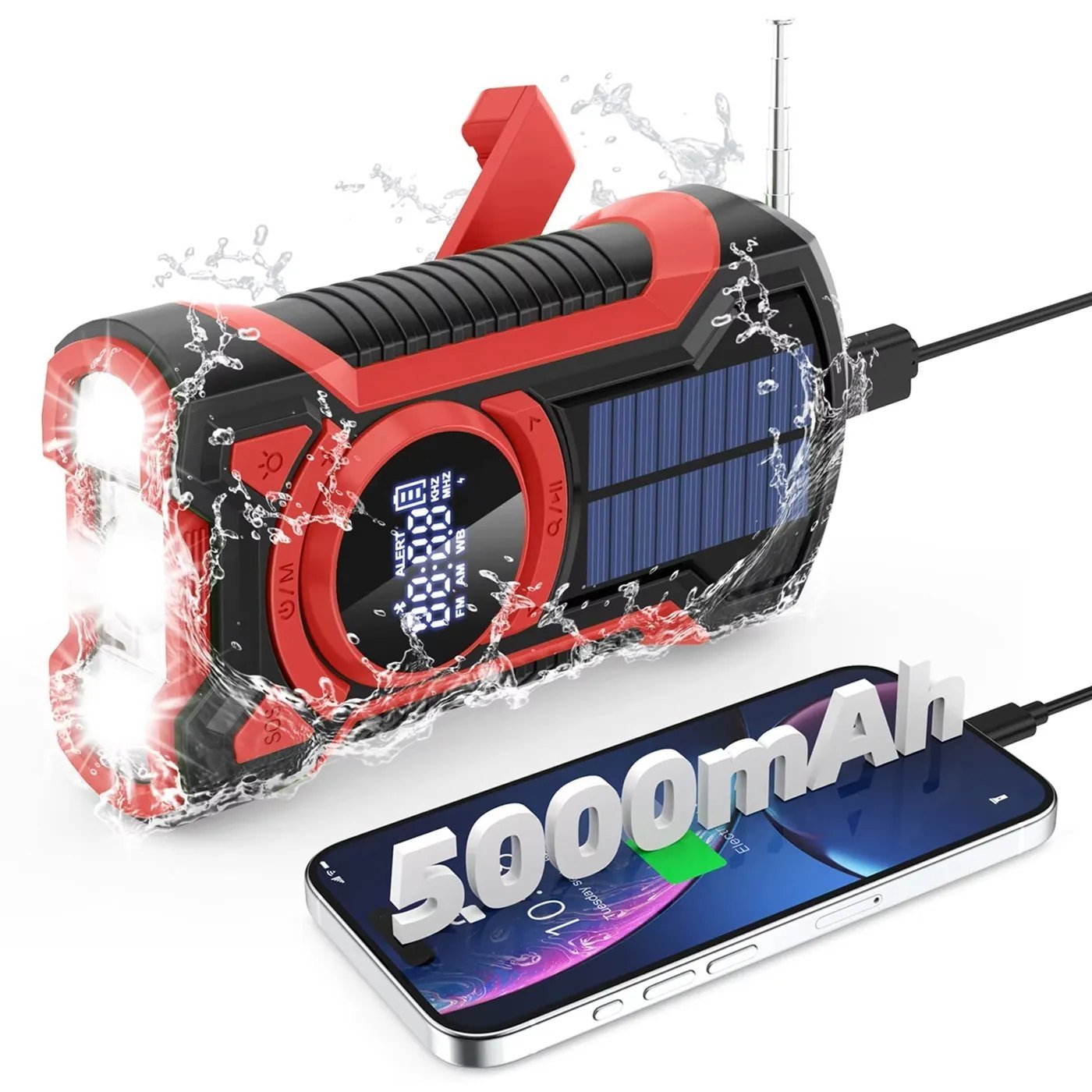 The red radio charging a phone from its 5000 mAh battery