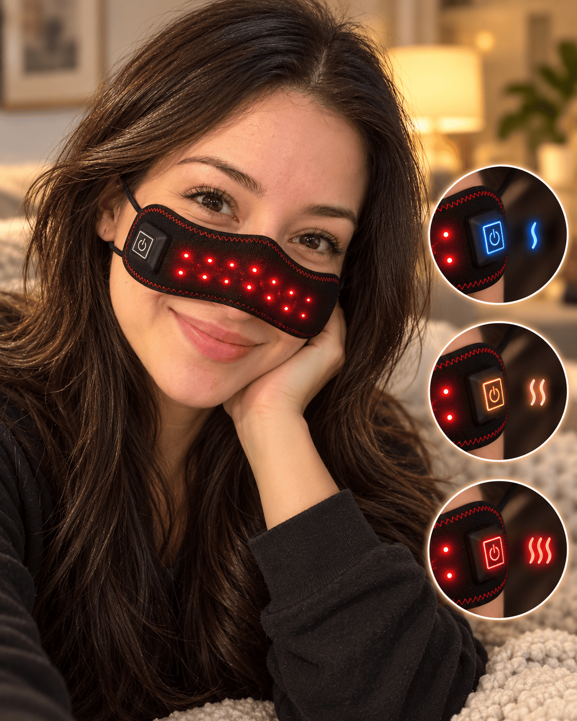 Woman wearing the Velasay nose warmer with low, medium and high heat indicators