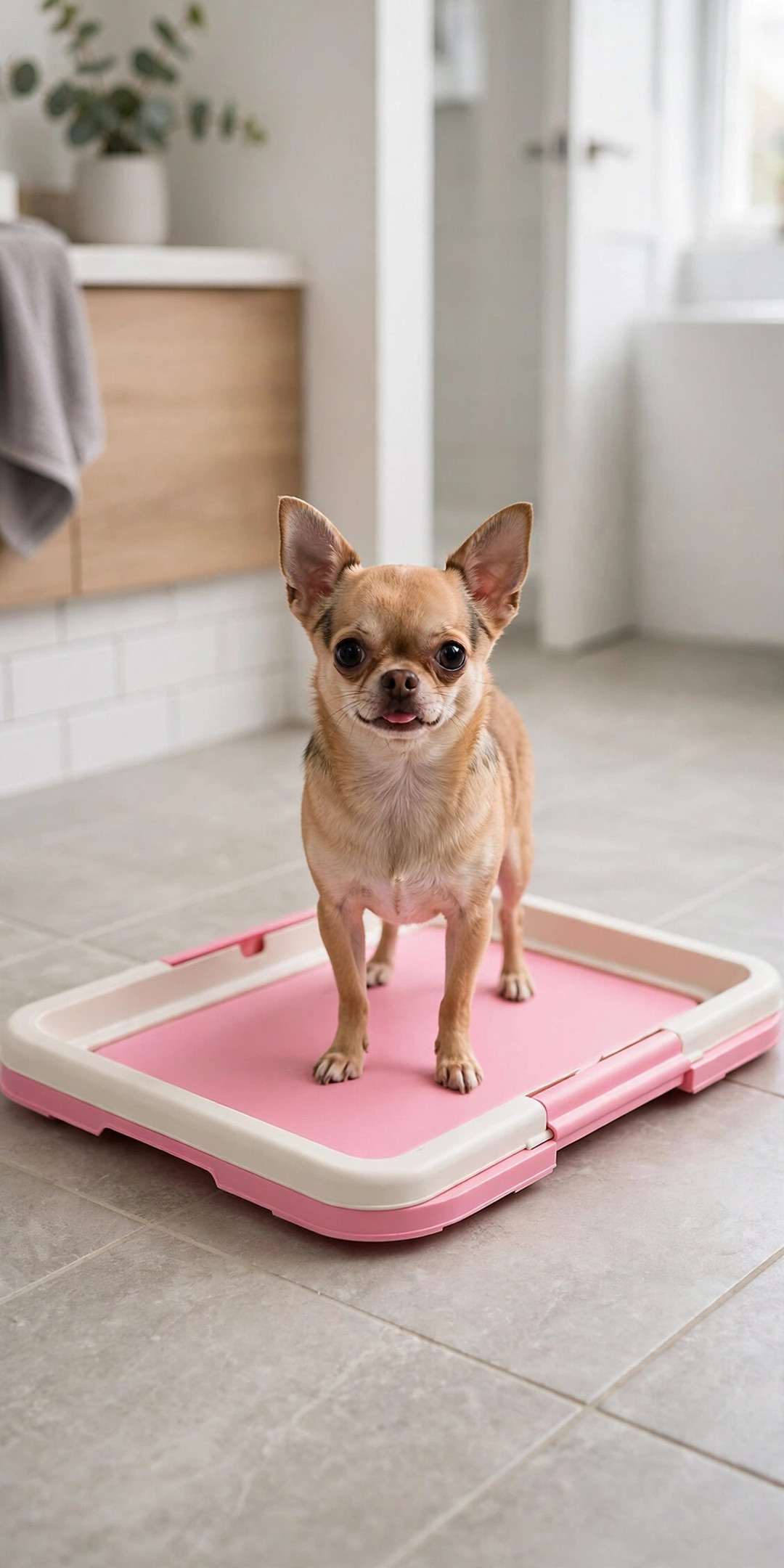 Chihuahua using pink indoor potty training tray