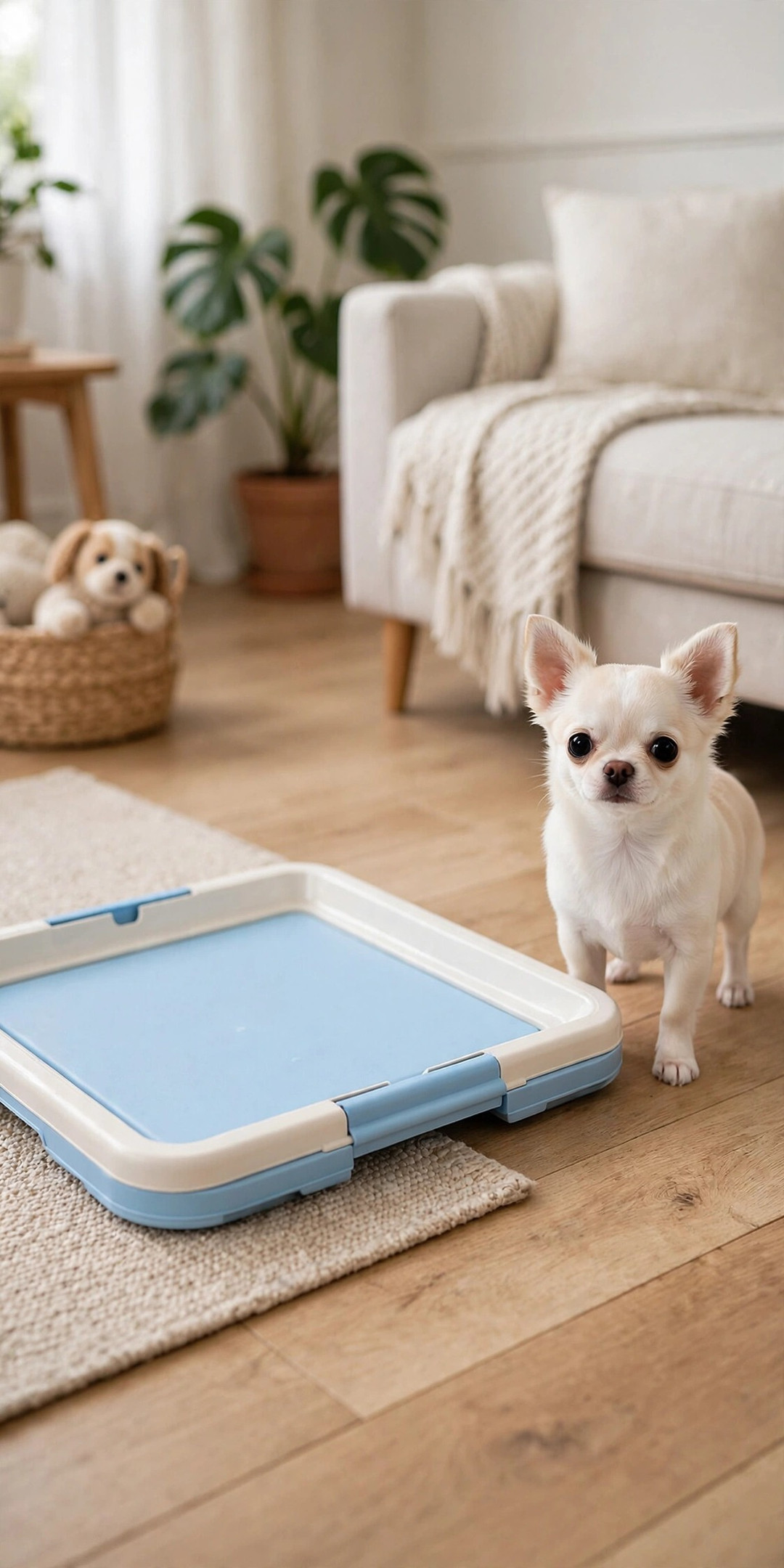 Chihuahua beside blue indoor potty training tray