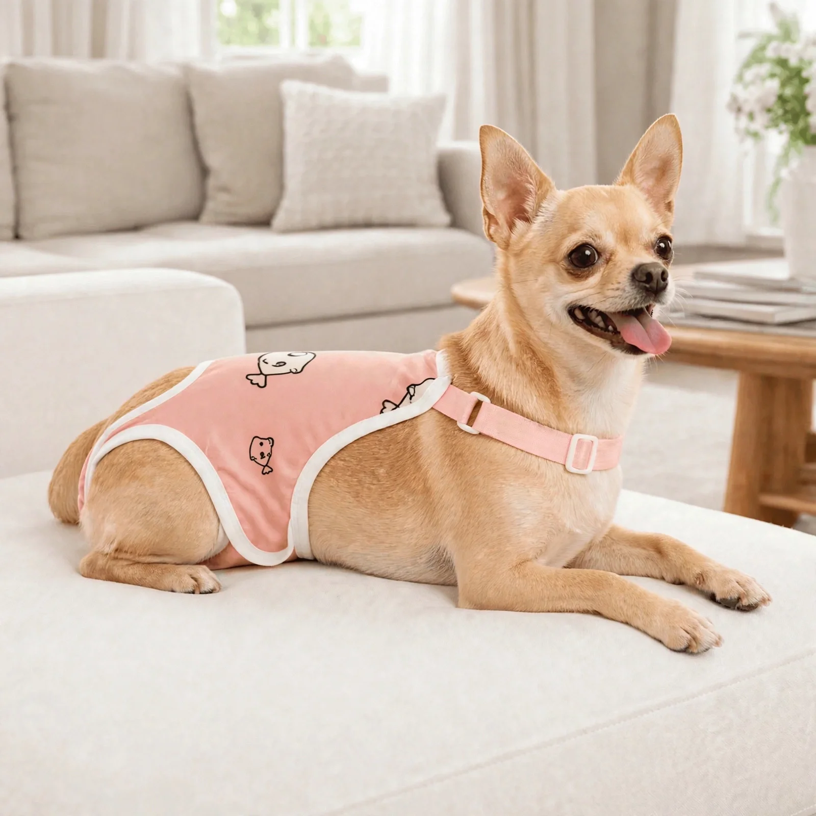 Chihuahua relaxing on a clean sofa wearing the diaper — no mess on furniture