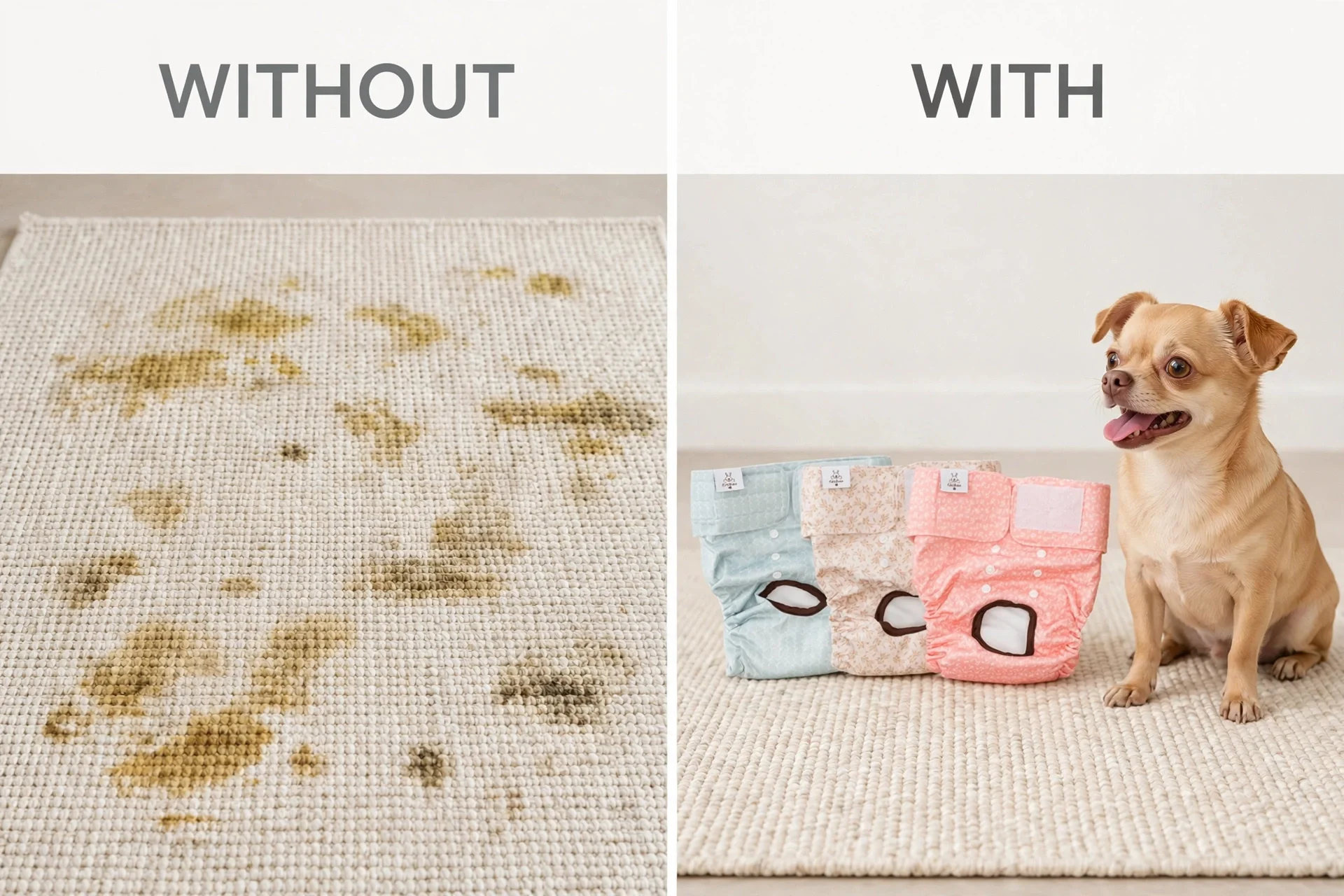 Before and after: stained rug without the diaper vs three diapers with happy chihuahua on a clean rug