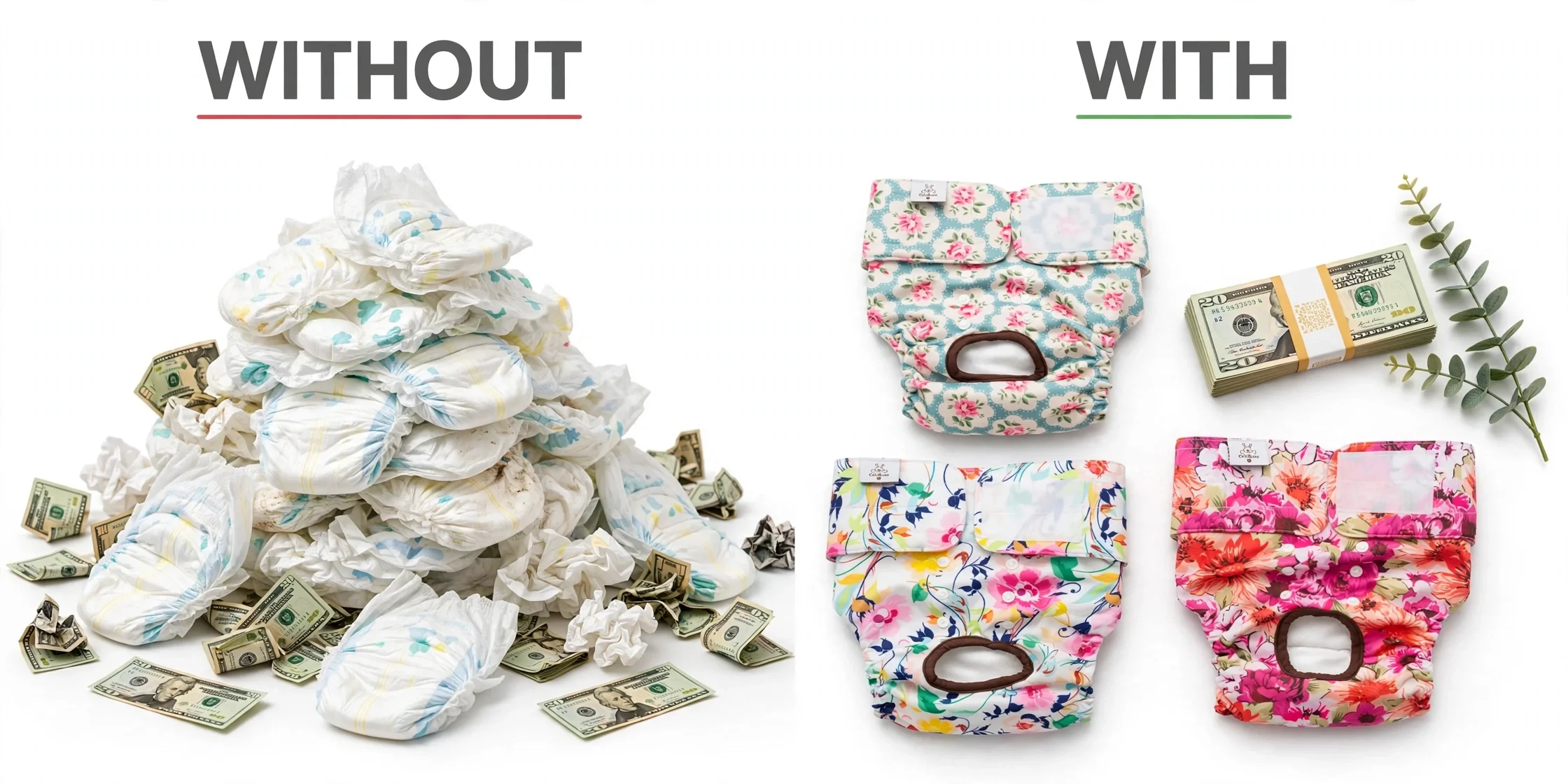 Before and after: wasteful pile of disposable diapers vs three reusable diapers with saved money