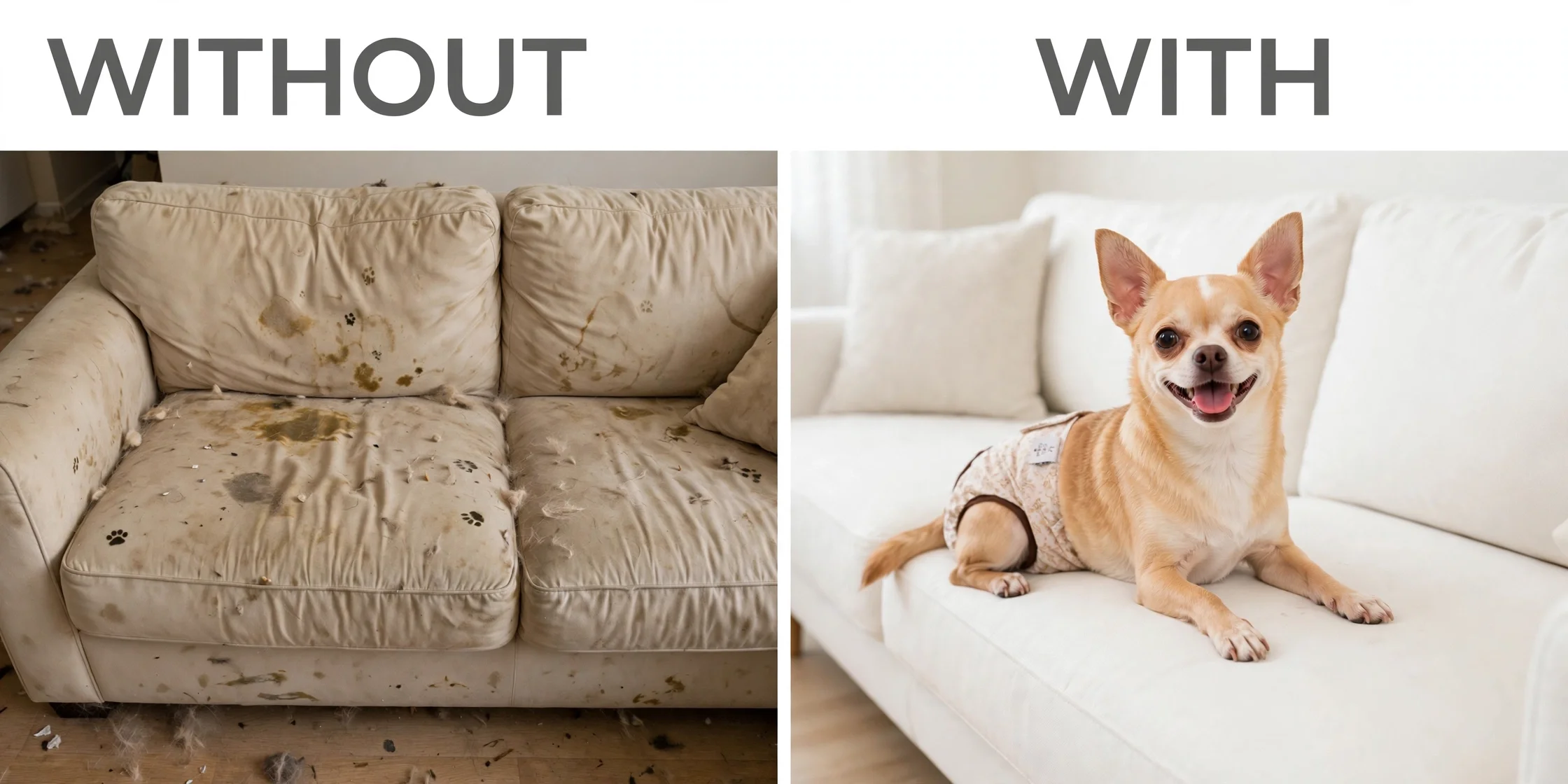 Before and after: stained messy sofa without the diaper vs happy chihuahua on a clean sofa with the diaper