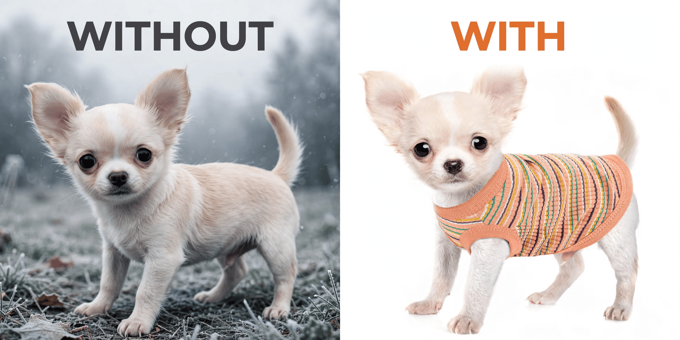 Without vs with the rib knit dog vest – warmth comparison