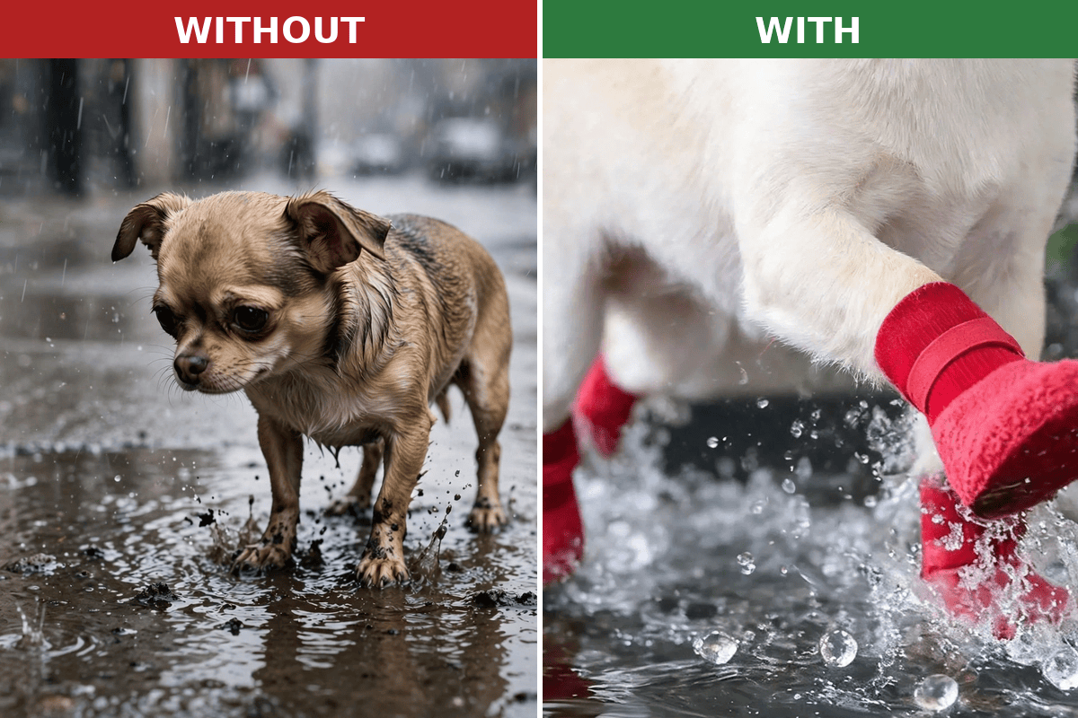 Without vs with waterproof protection – dog boots for small dogs