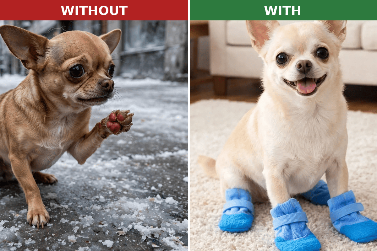 Without vs with winter paw protection – chihuahua dog boots