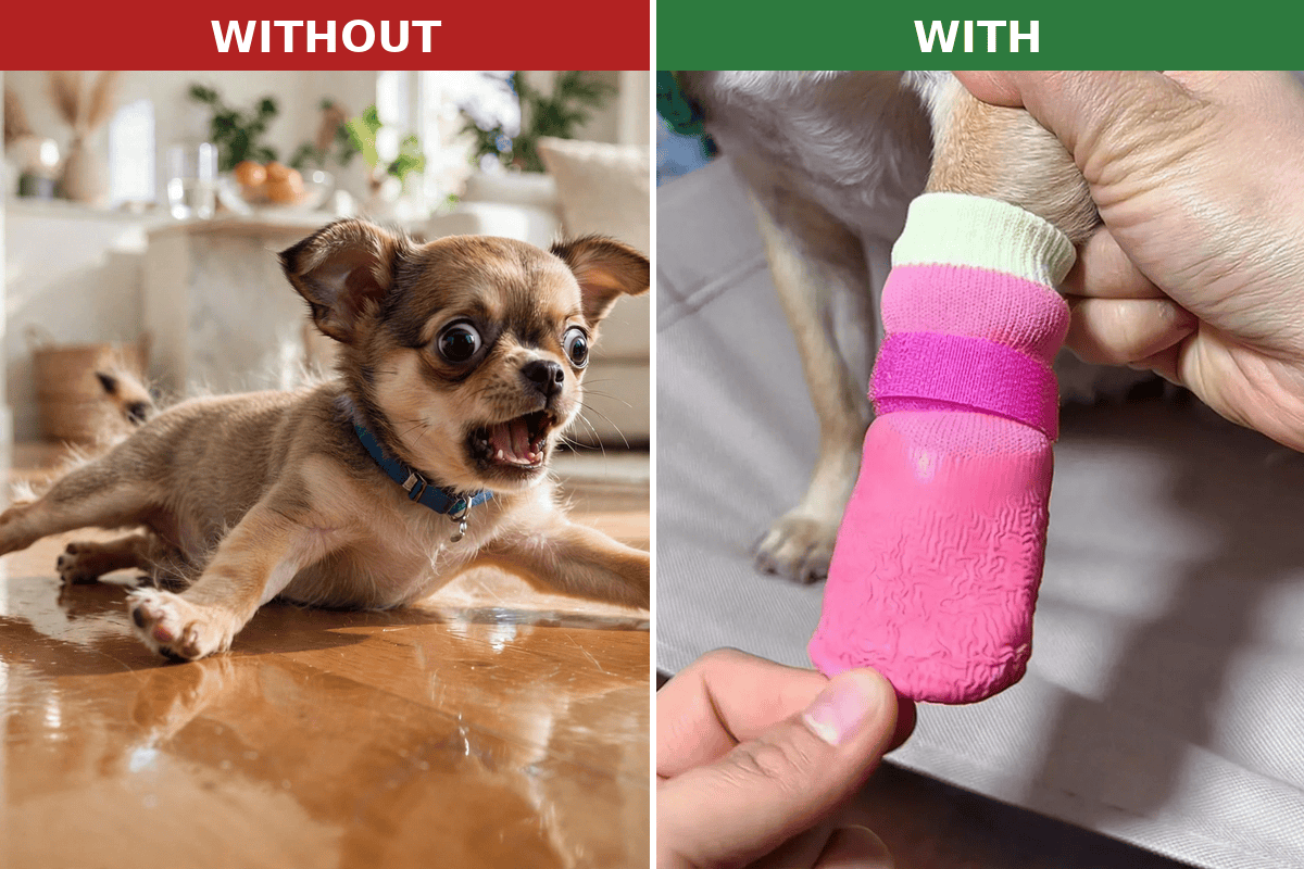 Without vs with anti-slip grip – puppy booties