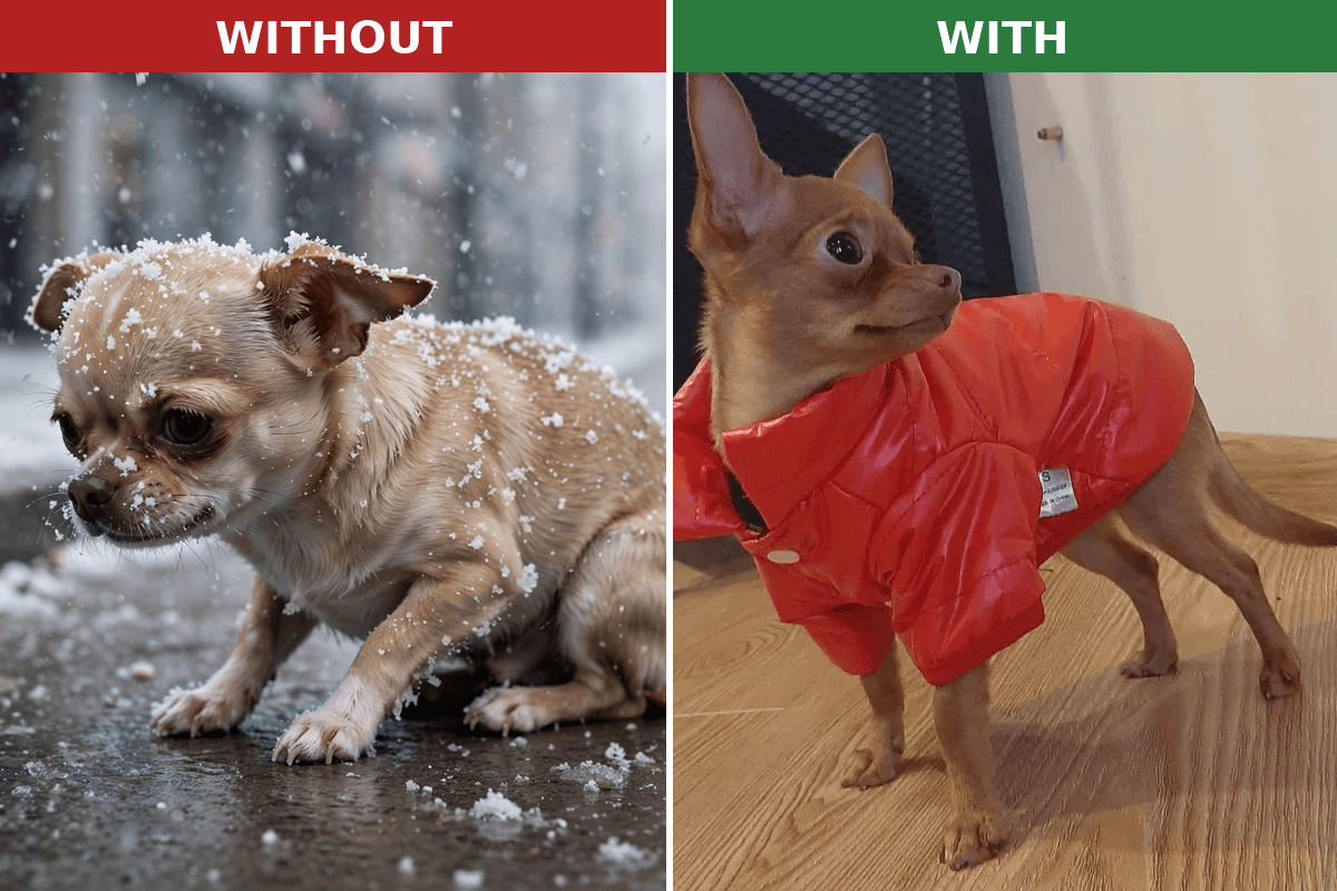Without vs with winter warmth – waterproof winter dog jacket