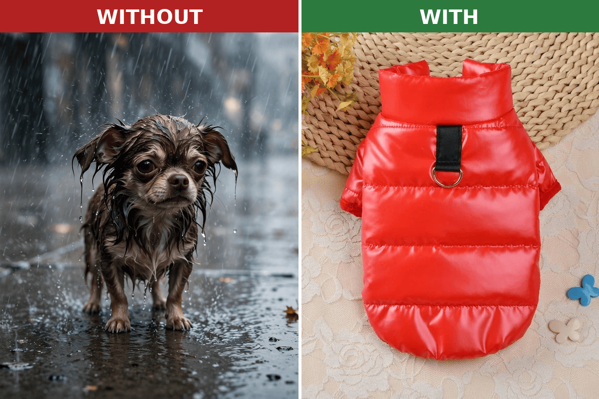 Without vs with waterproof protection – puffer coat for chihuahuas