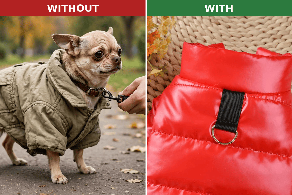 Without vs with secure fit – dog jacket with leash D-ring