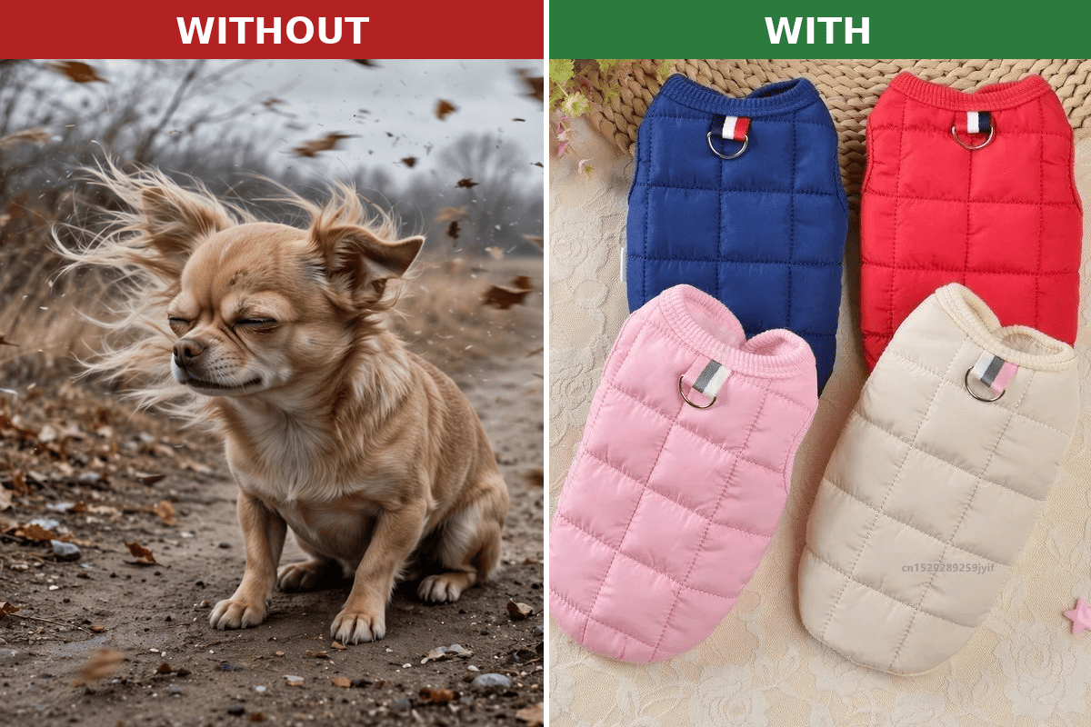 Without vs with windproof protection – padded jacket for small dogs