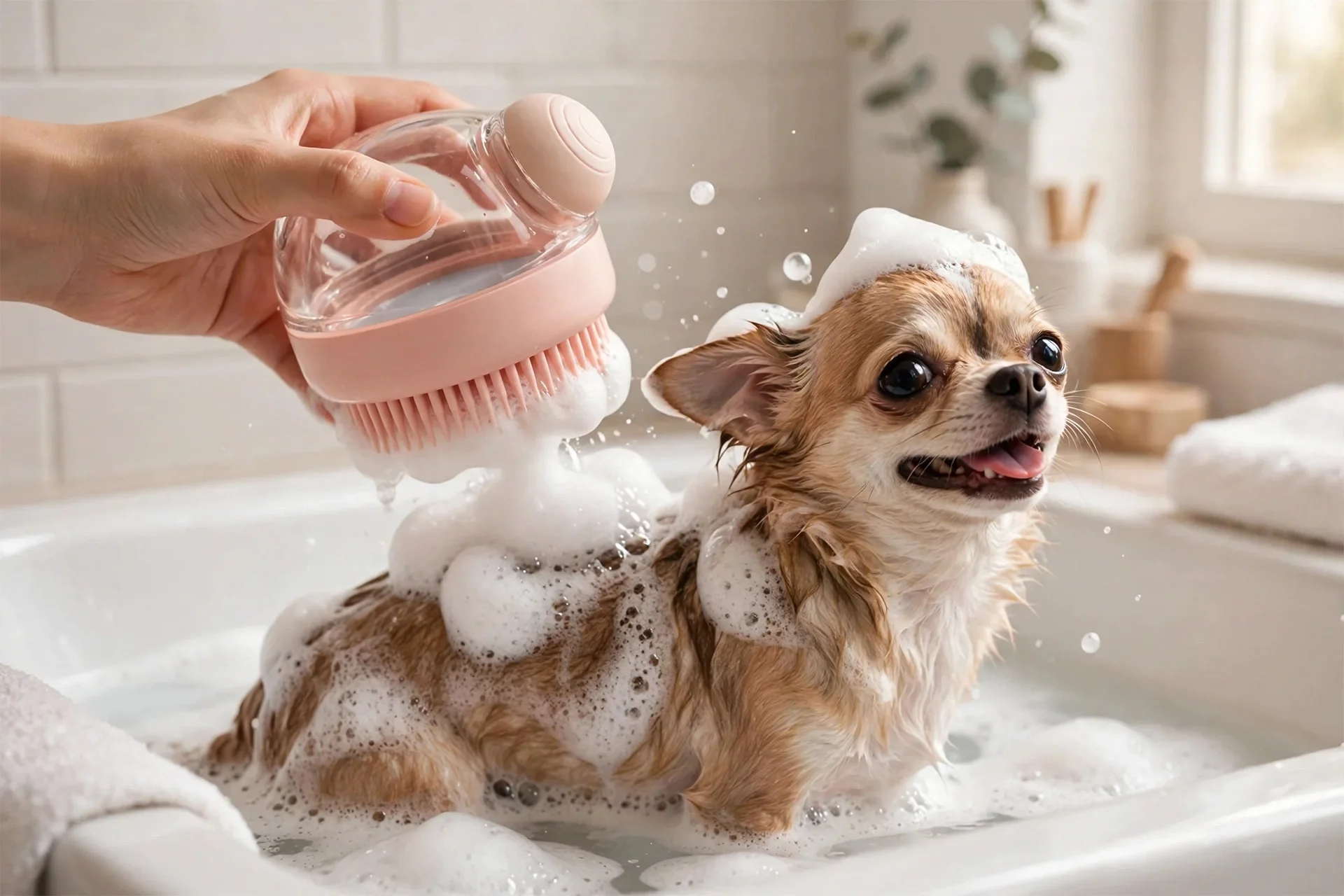 Chihuahua bathed with the soap-dispenser brush making rich foam