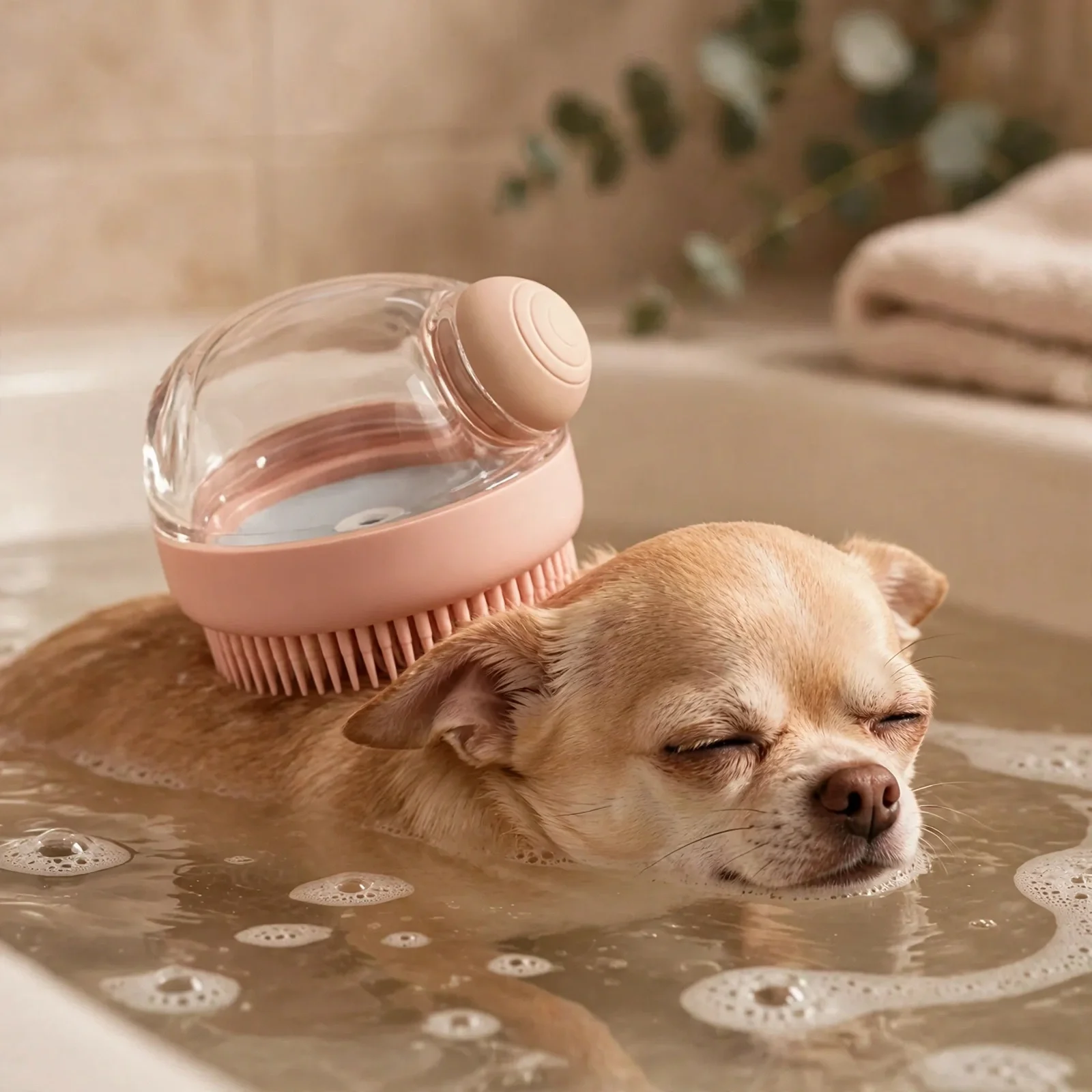 Relaxed chihuahua enjoying soft silicone bristle massage