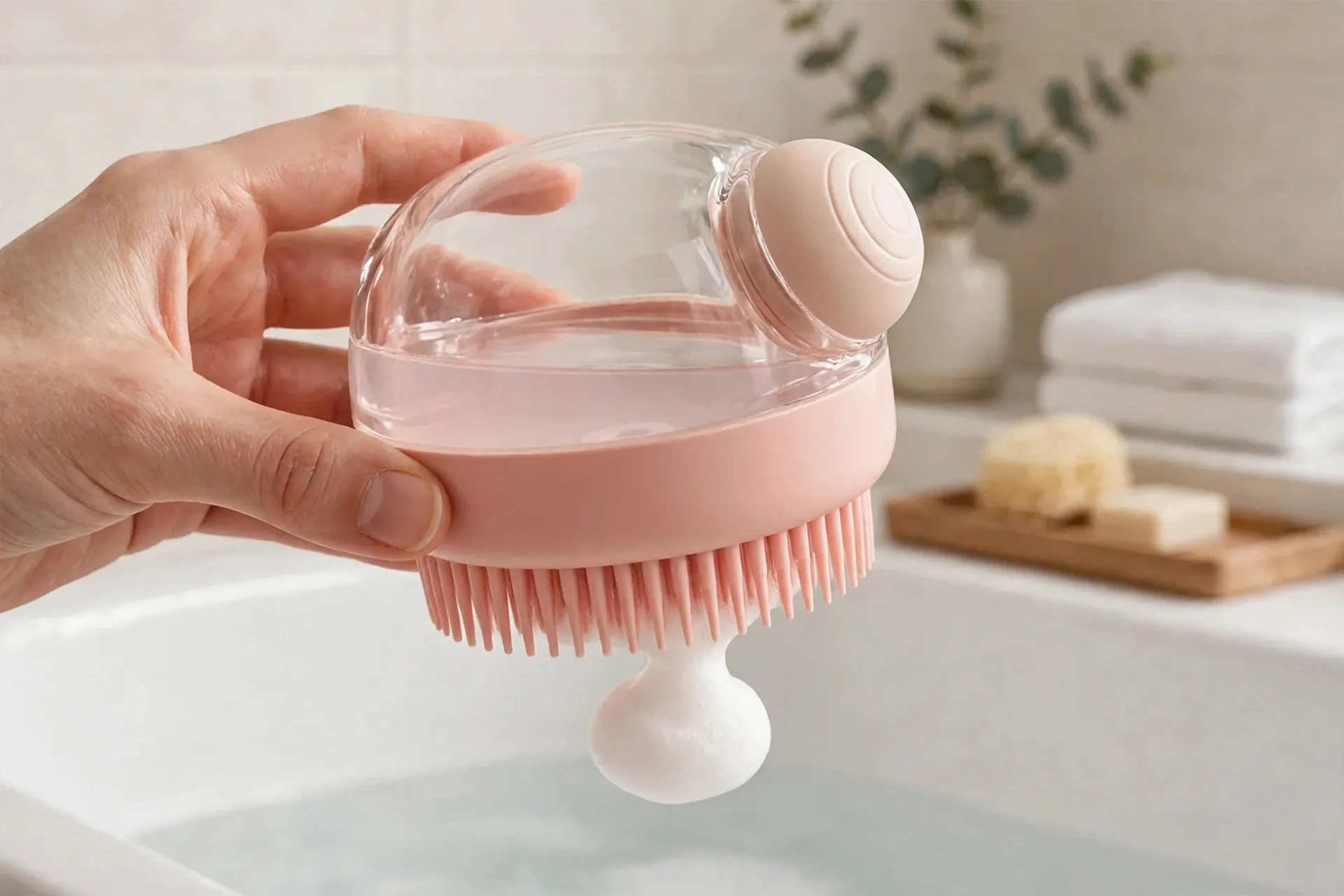 Hand holding the brush dispensing foam with no mess