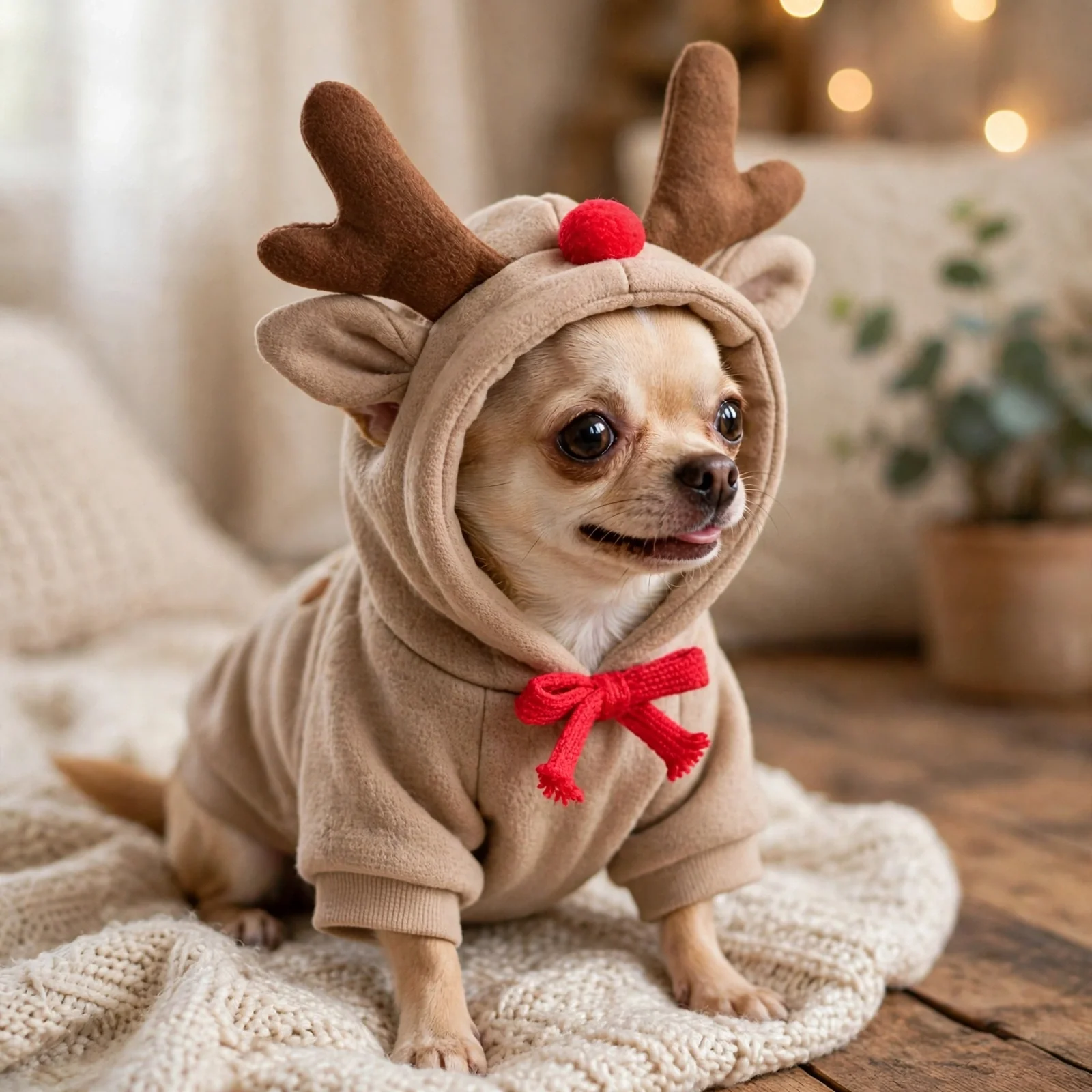 Chihuahua wearing the brown fruit hoodie