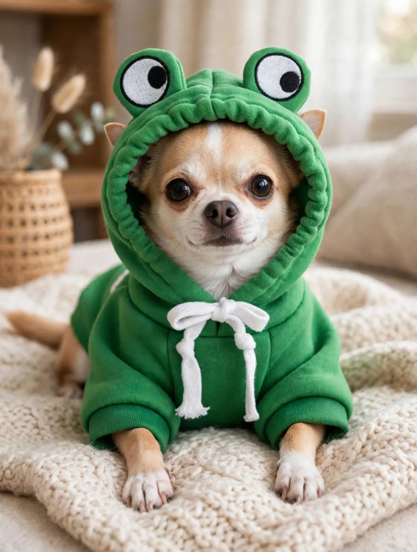 Chihuahua wearing the green frog hoodie
