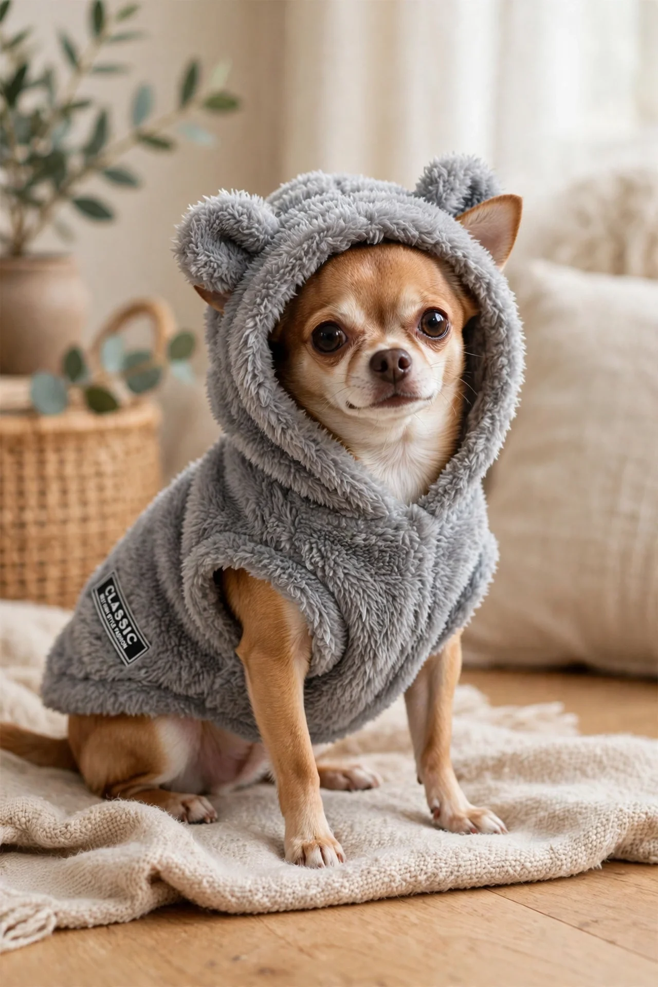 Chihuahua wearing the gray fleece hoodie