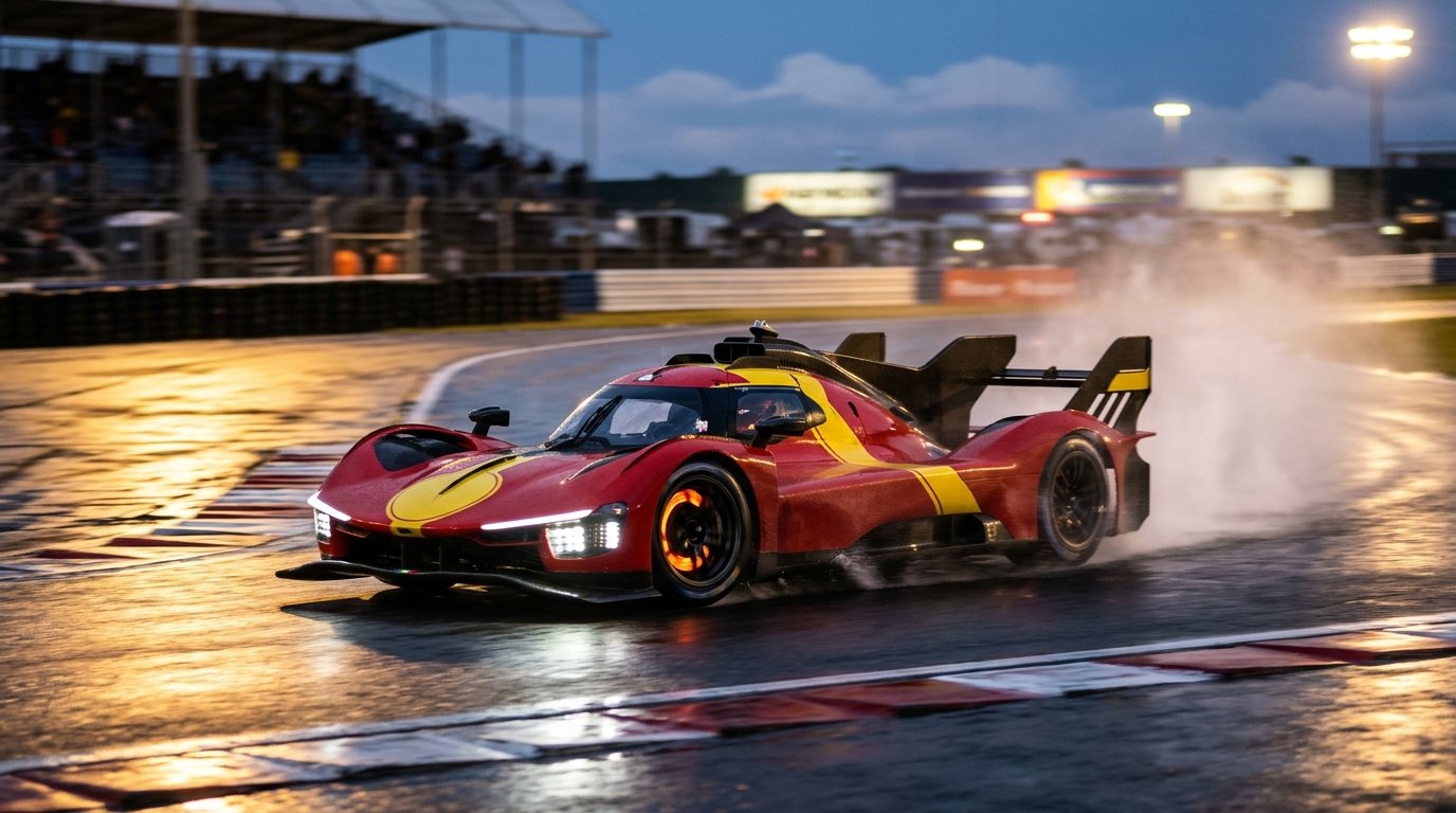 Red and Giallo Modena endurance hypercar racing into twilight at Circuit de la Sarthe