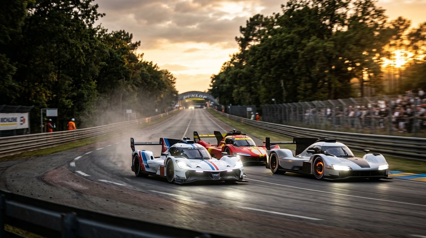 2026 FIA WEC Hypercar prototypes battling nose-to-tail under Le Mans floodlights