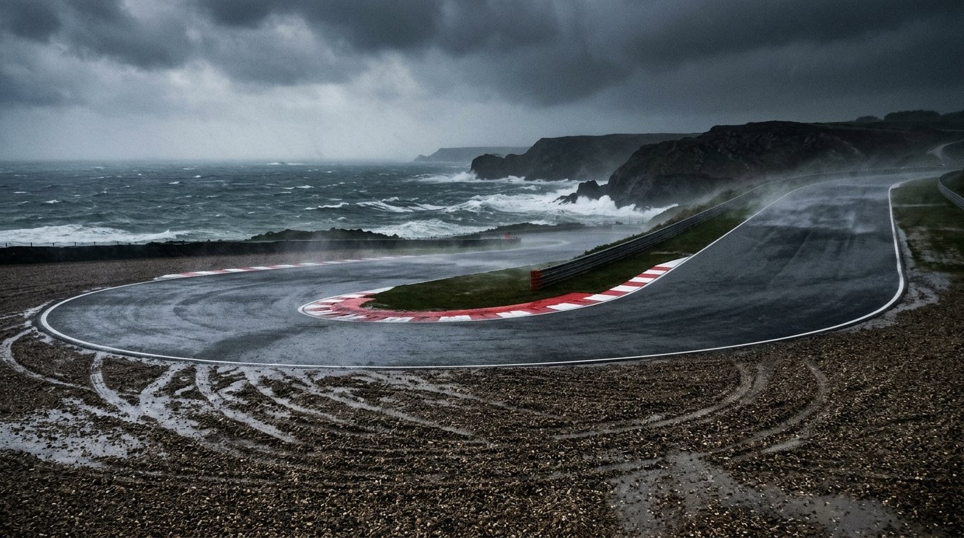 Rain-lashed coastal Grand Prix corner with sideways sea spray, red-and-white kerbs, and gravel trap skid marks overlooking stormy ocean waves
