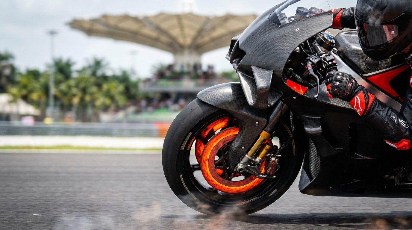 Close-up of a MotoGP superbike front carbon brake disc glowing fiery orange under heavy 1.5G braking in front of Sepang canopy grandstands