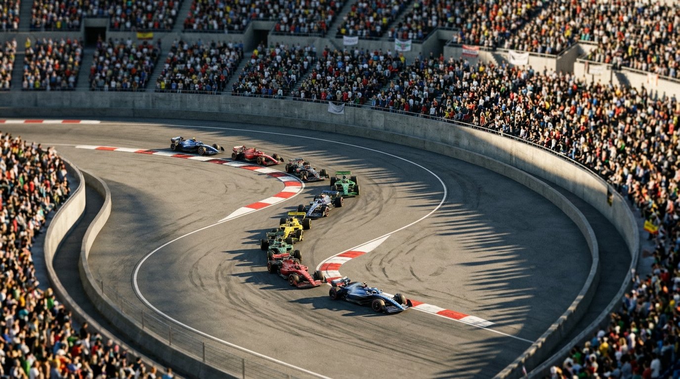 Elevated telephoto view of modern Formula 1 cars snaking single-file through Mexico City's packed concrete stadium amphitheater chicane under golden afternoon sun