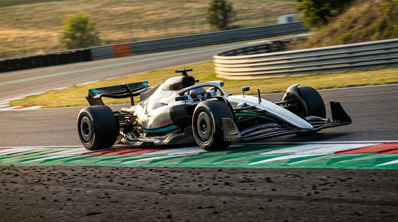 Silver and teal modern Halo Formula 1 car riding green white and red painted apex kerbs in crisp high-altitude afternoon sunlight