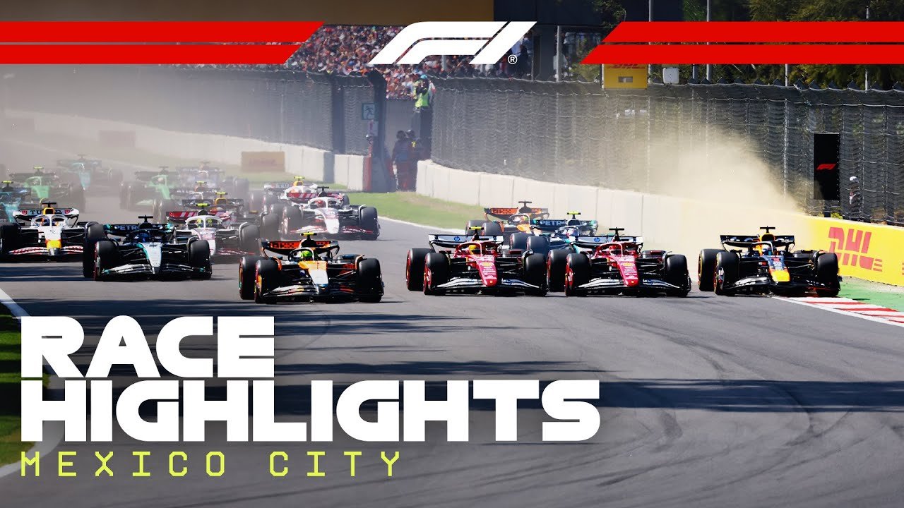 Official FORMULA 1 YouTube thumbnail for Mexico City Grand Prix Turn 1 slipstream battle at Autodromo Hermanos Rodriguez