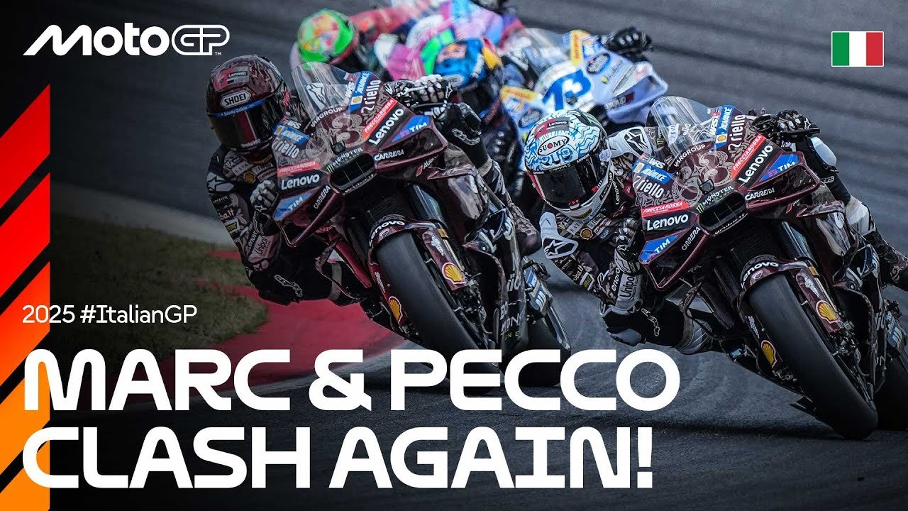 MotoGP video thumbnail for Sparks fly during the long-awaited Marquez VS Bagnaia battle | 2025 Italian GP